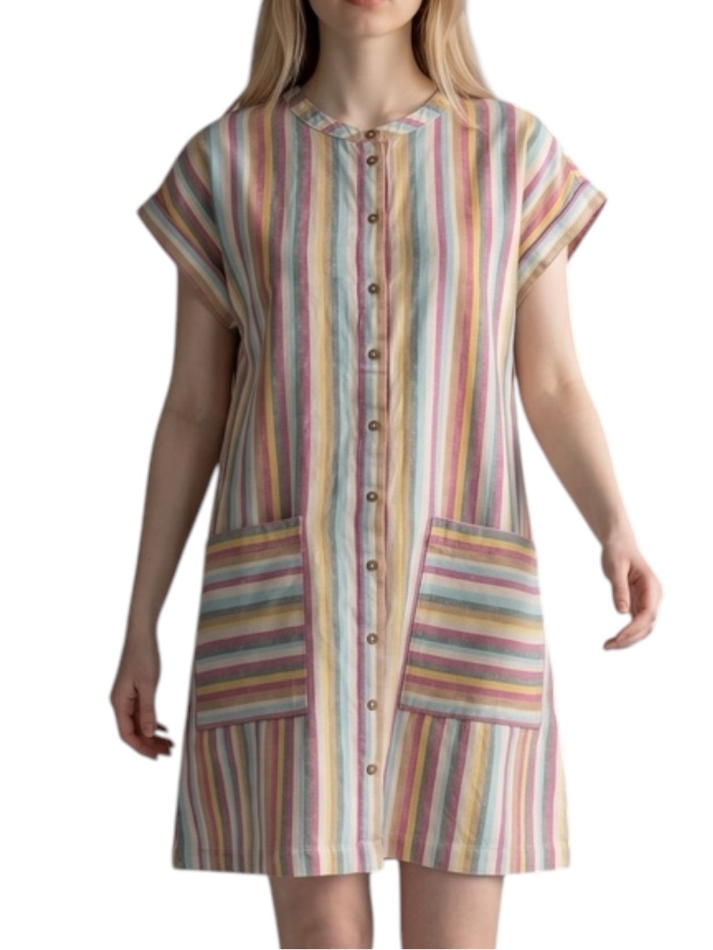 Lou & Grey Cream Red Striped Button-Front Cotton Linen Shift Dress Size XS